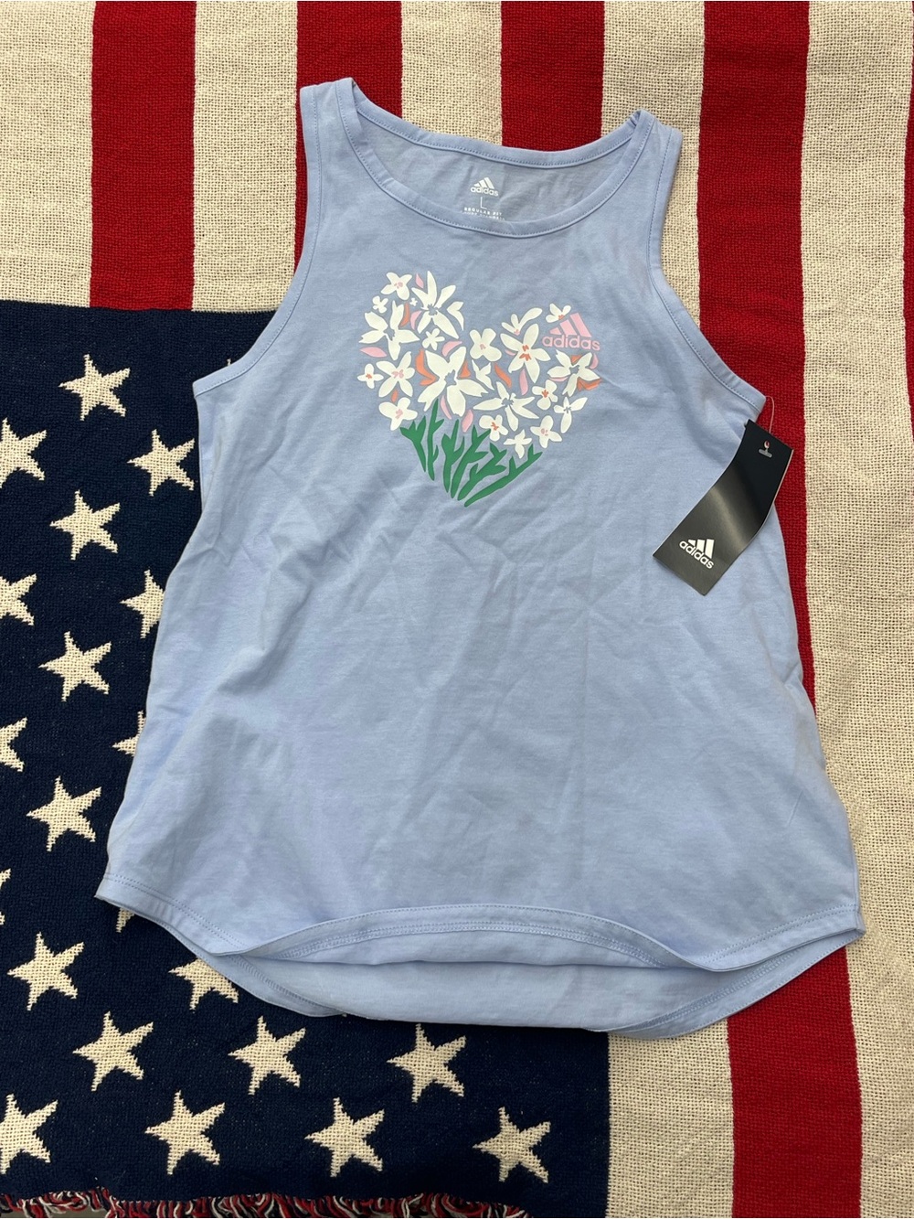 adidas Light Blue Floral Heart Tank Top Size 14 NWT